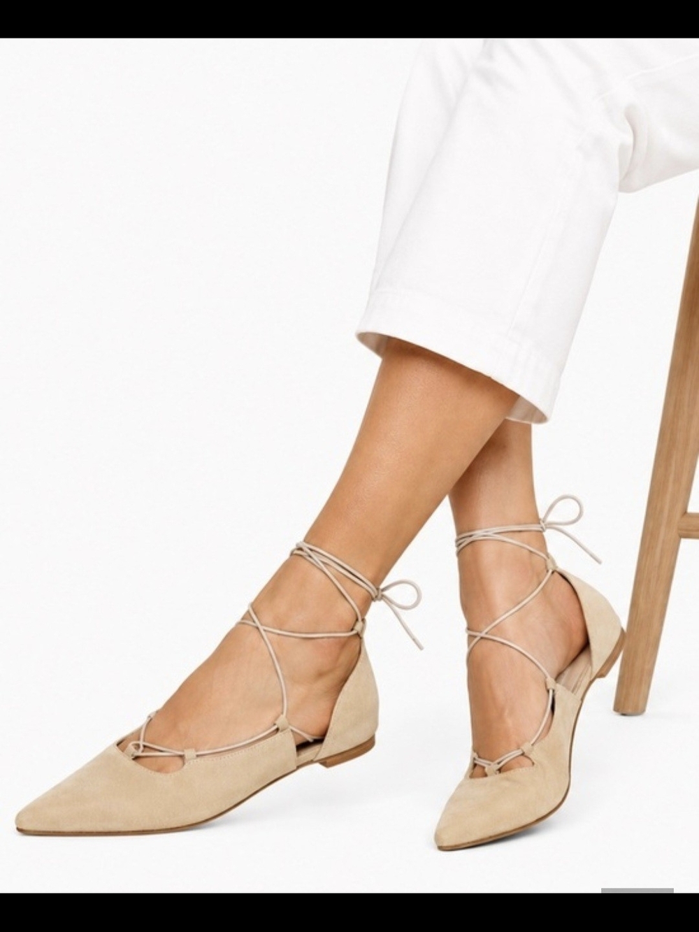 Stuart Weitzman Gilligan Beige Suede Pointed Lace-Up Flats